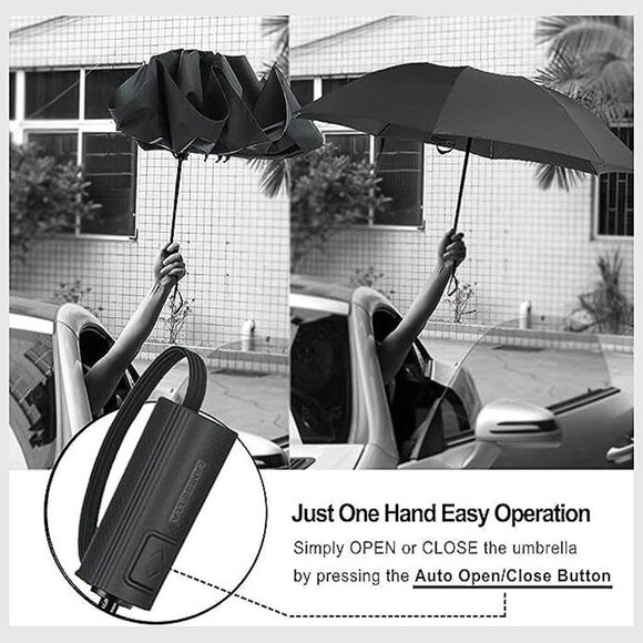 Compact Reverse Folding Umbrella Auto Windproof Travel Umbrella U2.1 Black - Picture 5 of 6